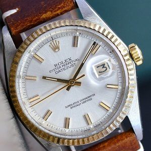 ROLEX MENS DATEJUST WATCH STEEL SILVER INDEX DIAL FLUTED BEZEL LEATHER BAND 1601